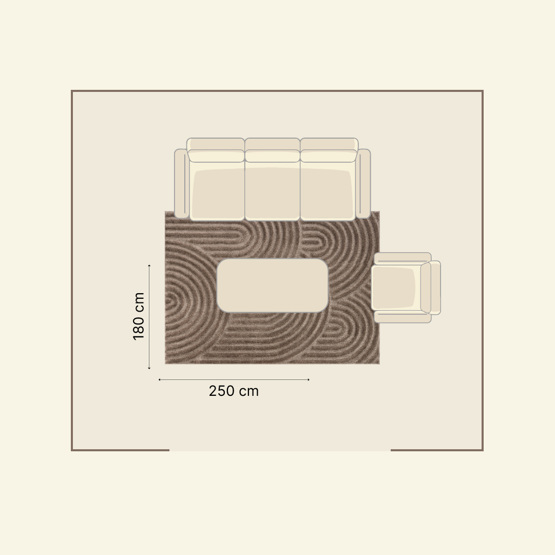 rzut z góry (plan 2D) salonu 4x5 m z zaznaczonym dywanem 180x250 pod kanapą i stolikiem - schemat pokazujący pas odsłoniętej podłogi między dywanem a ścianami