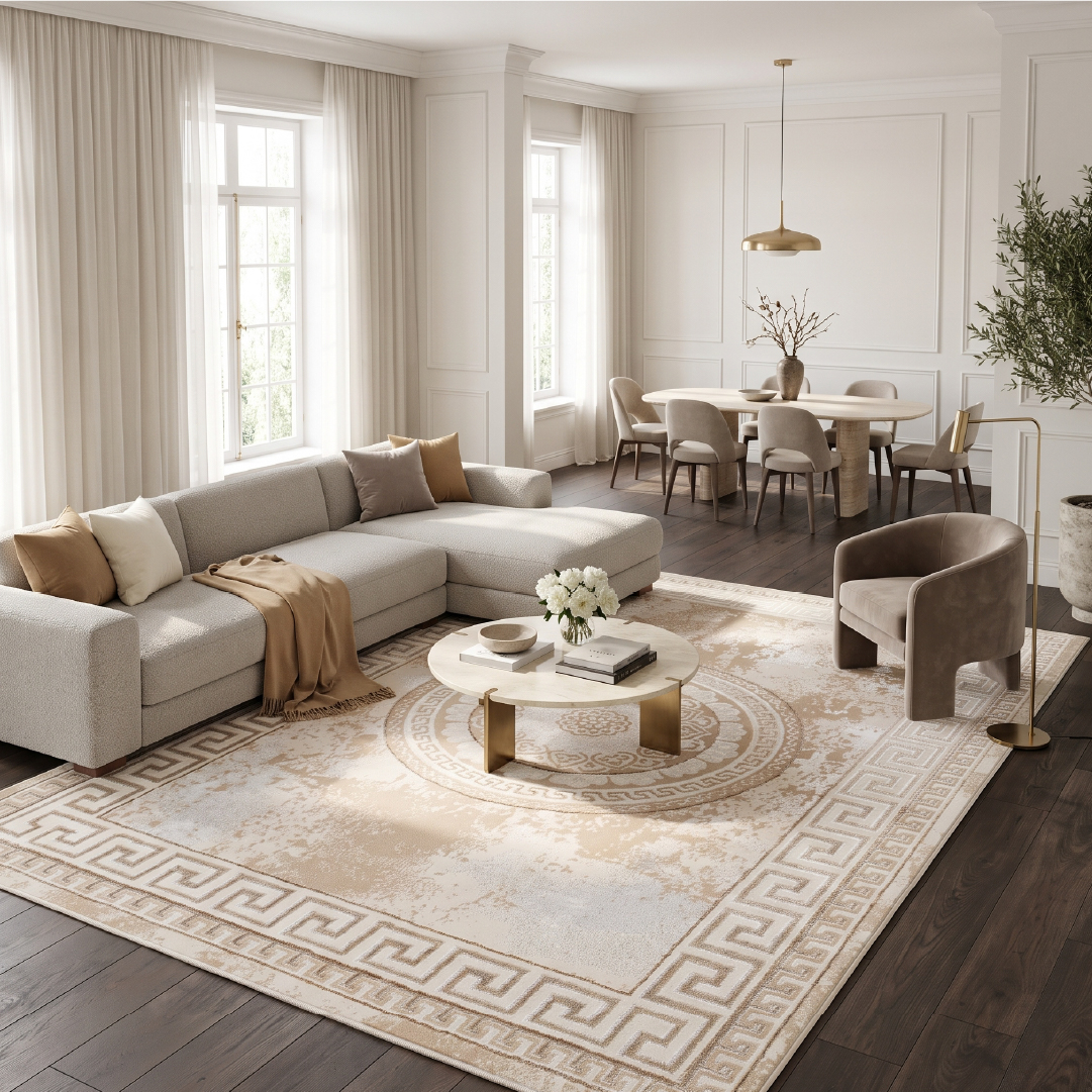 przestronny salon ok. 30 m² otwarty na jadalnię, dywan 300x400 wyraźnie wydziela strefę wypoczynkową z narożnikiem; w tle stół jadalniany na odsłoniętej podłodze
