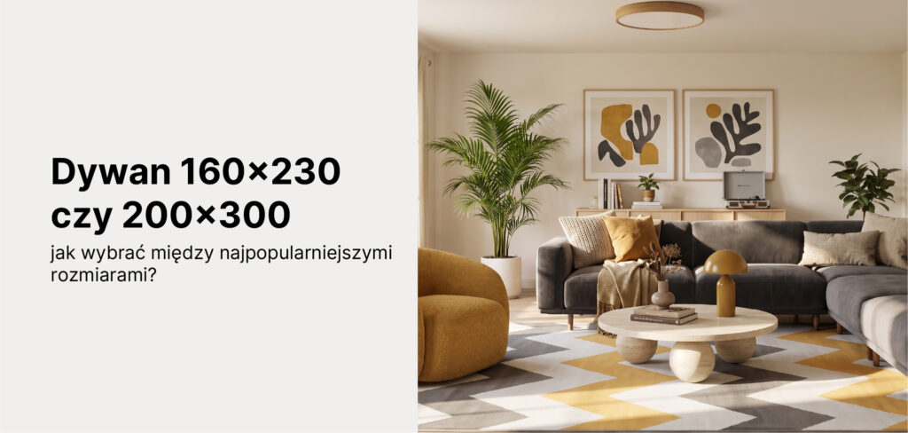jasny salon z dywanem 200x300 pod całą strefą wypoczynkową (kanapa, fotel, stolik na dywanie), fotografowany z góry pod lekkim kątem