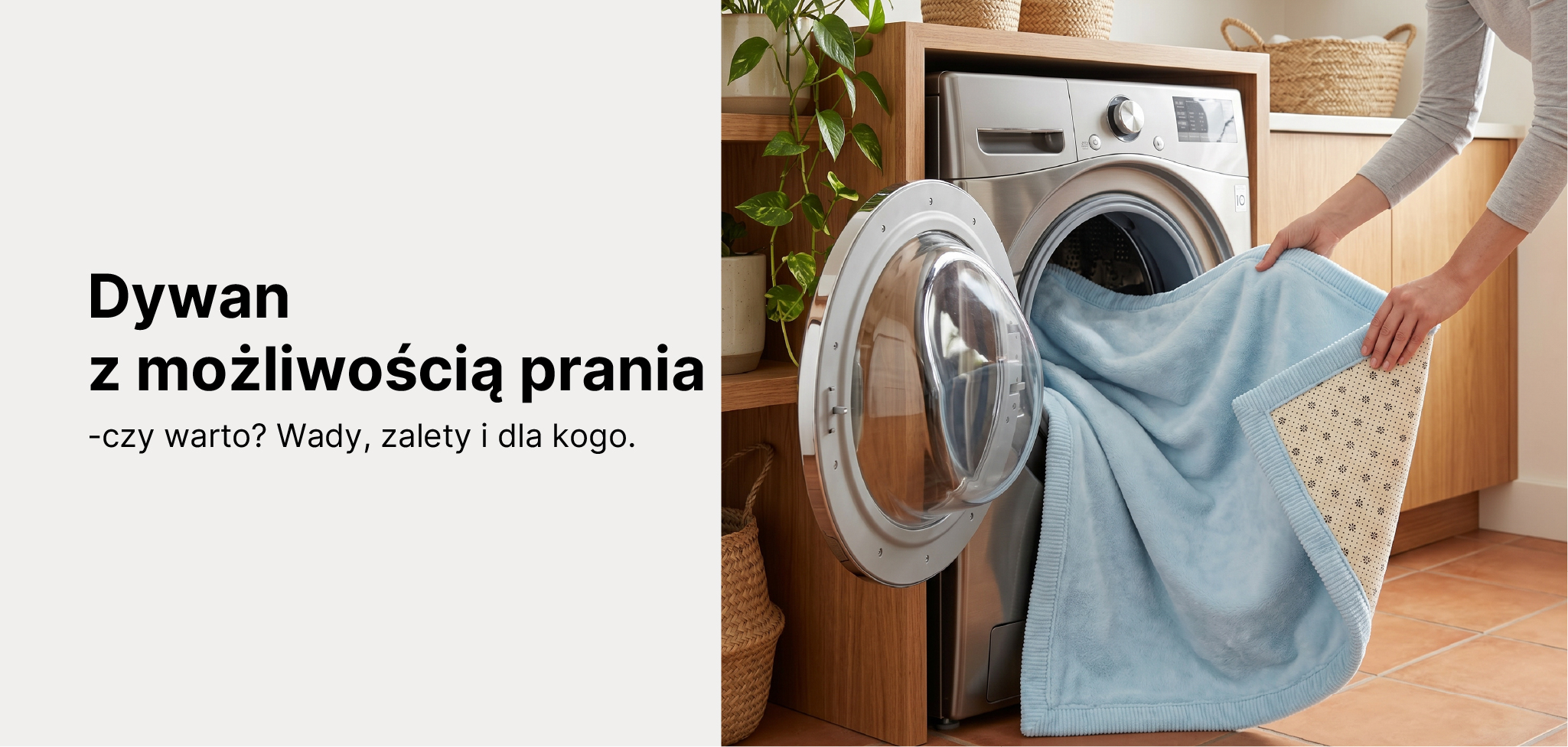dywan dziecięcy z kolekcji Fluffin lub Lumi wyjmowany z bębna pralki w jasnej łazience lub pralni - kadr pokazujący, że dywan realnie mieści się w pralce; ciepłe światło, domowy kontekst