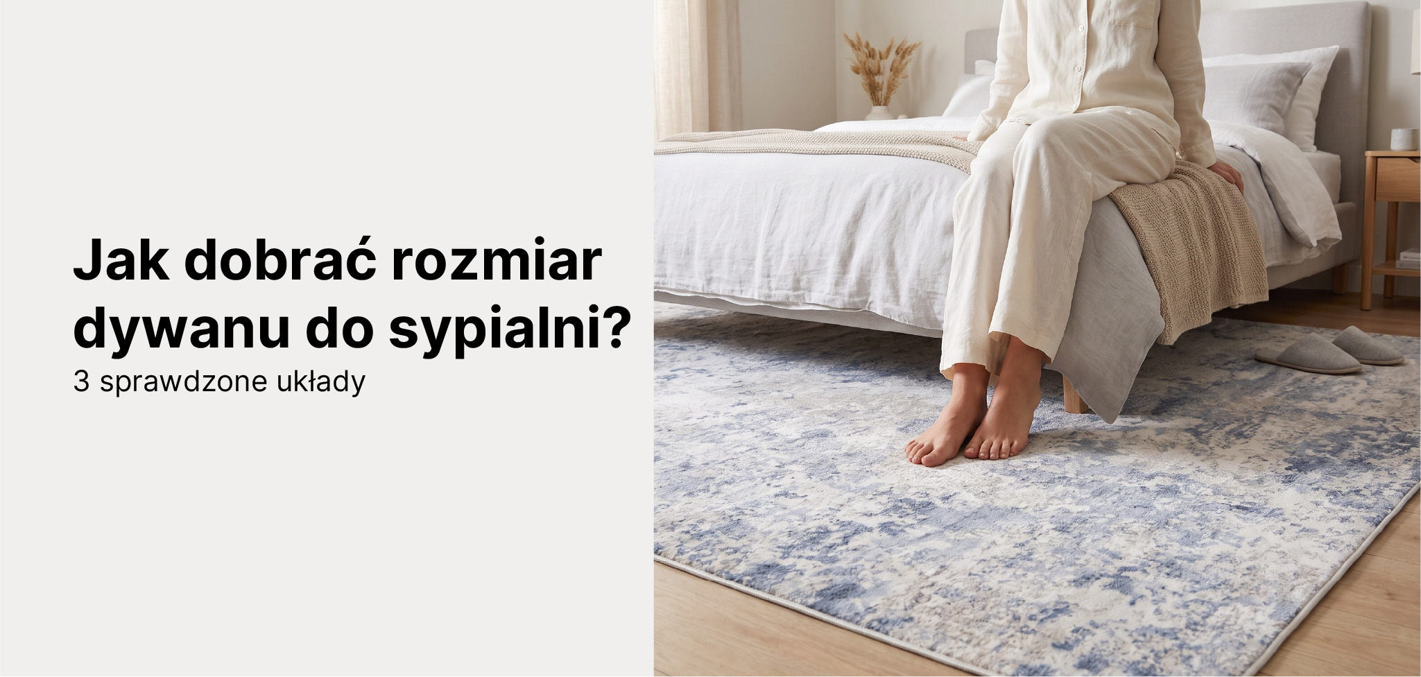 przytulna sypialnia w naturalnym świetle - podwójne łóżko 160x200 z jasną pościelą, pod łóżkiem duży dywan wystający szeroko po obu stronach i przy nogach łóżka