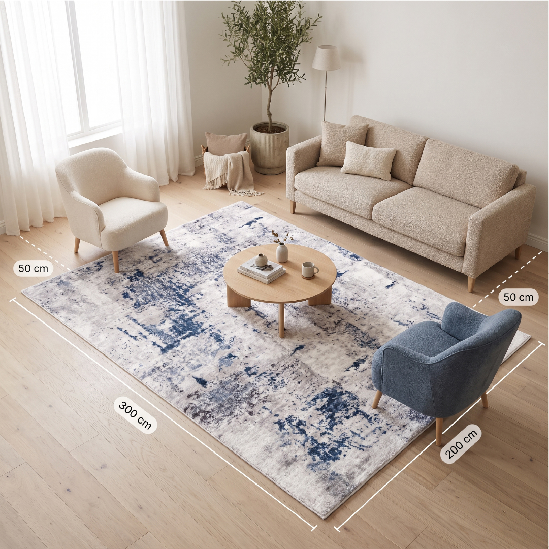 salon z kanapą i dwoma fotelami, których przednie nogi stoją na dywanie 200x300 cm, naniesione graficznie wymiary dywanu i odstępy od ścian