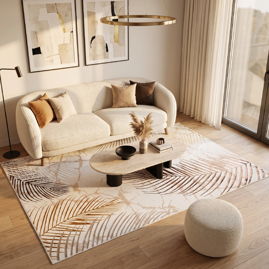 salon ok. 18 m² z dywanem 160x230 przed dwuosobową kanapą - przednie nogi kanapy na dywanie, stolik kawowy w całości na dywanie, wokół widoczna wolna podłoga