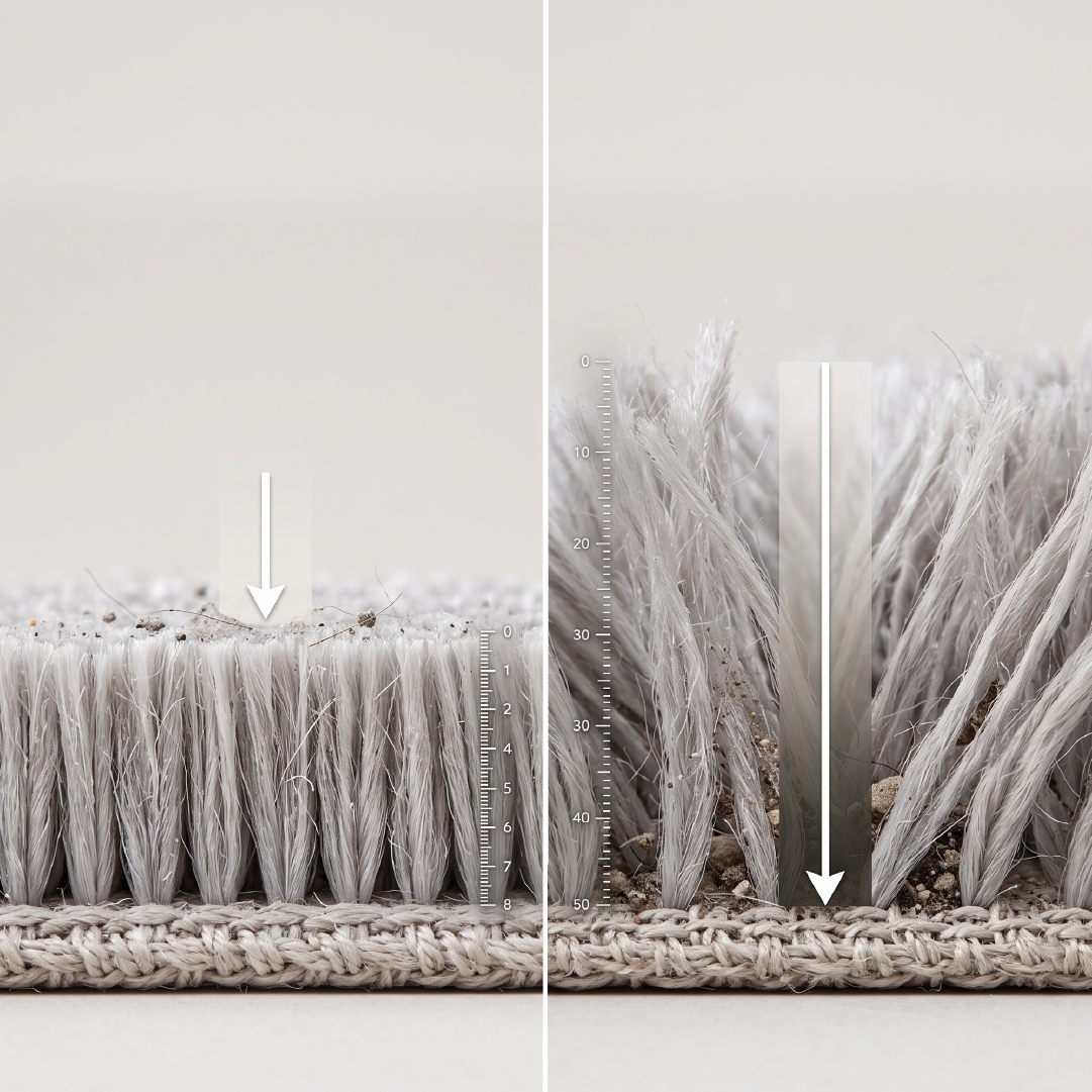 Porównanie makro dwóch struktur włosia - krótkie, gęste włosie ok. 8 mm obok długiego włosia shaggy; strzałki lub grafika pokazująca, jak głęboko wnika kurz w każdą strukturę