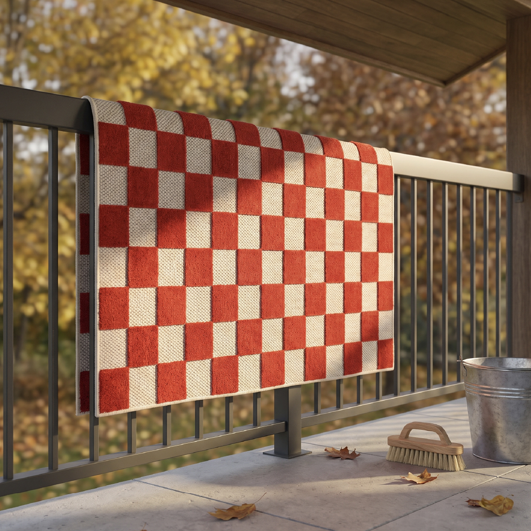 dywan zewnętrzny z kolekcji Checker w wyrazistą kratę przewieszony przez balustradę balkonu pod zadaszeniem, suszy się w jesiennym słońcu; na podłodze balkonu miękka szczotka i wiadro