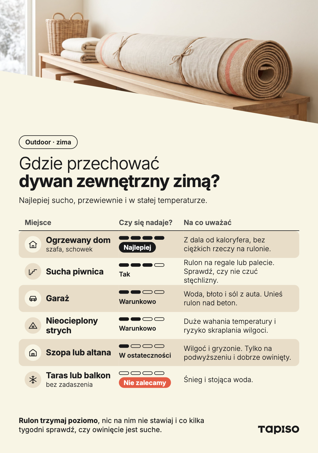 infografika o tym gdzie przechowywać dywan zewnętrzny zimą